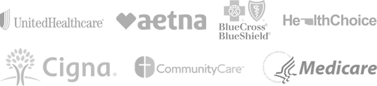 Logos for Delta Dental, Aetna, Blue Cross Blue Shield, HealthChoice, Cigna, CommunityCare, and Medicare