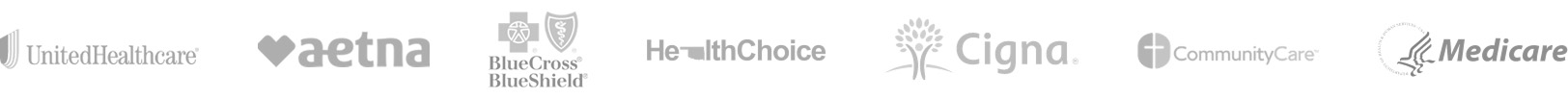 Logos for UnitedHealthcare, Aetna, Blue Cross Blue Shield, HealthChoice, Cigna, CommunityCare, and Medicare